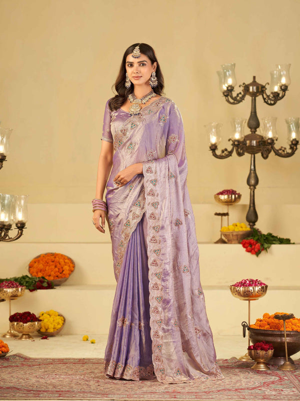 Pastel Lavender Designer Fendy Satin Saree with Heavy Embroidered Border | Party Wear Festive Saree with Intricate Embroidery & Matching Blouse