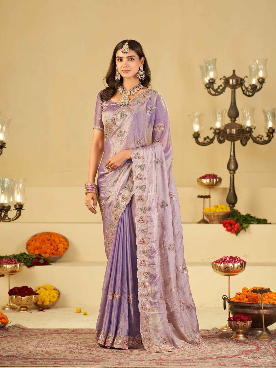 Pastel Lavender Designer Fendy Satin Saree with Heavy Embroidered Border | Party Wear Festive Saree with Intricate Embroidery & Matching Blouse