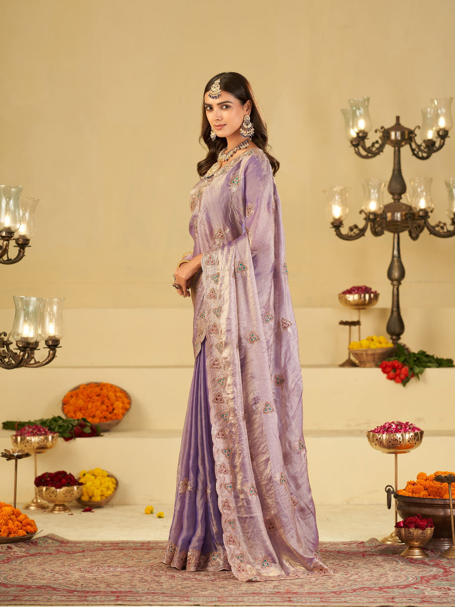 Pastel Lavender Designer Fendy Satin Saree with Heavy Embroidered Border | Party Wear Festive Saree with Intricate Embroidery & Matching Blouse