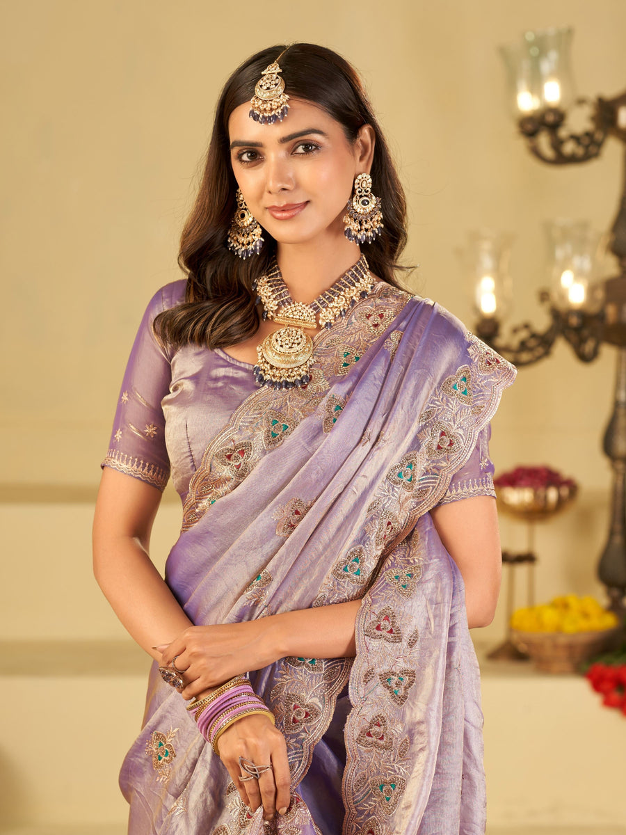 Pastel Lavender Designer Fendy Satin Saree with Heavy Embroidered Border | Party Wear Festive Saree with Intricate Embroidery & Matching Blouse