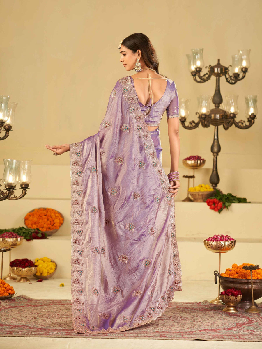 Pastel Lavender Designer Fendy Satin Saree with Heavy Embroidered Border | Party Wear Festive Saree with Intricate Embroidery & Matching Blouse