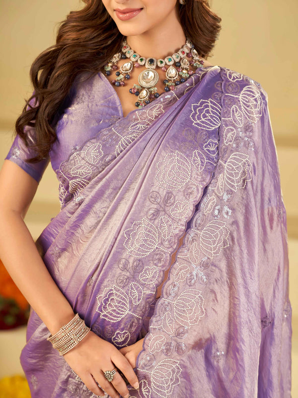 Lavender Purple Fendy Satin Saree with White Floral Embroidery Border | Designer Party Wear Saree with Blouse