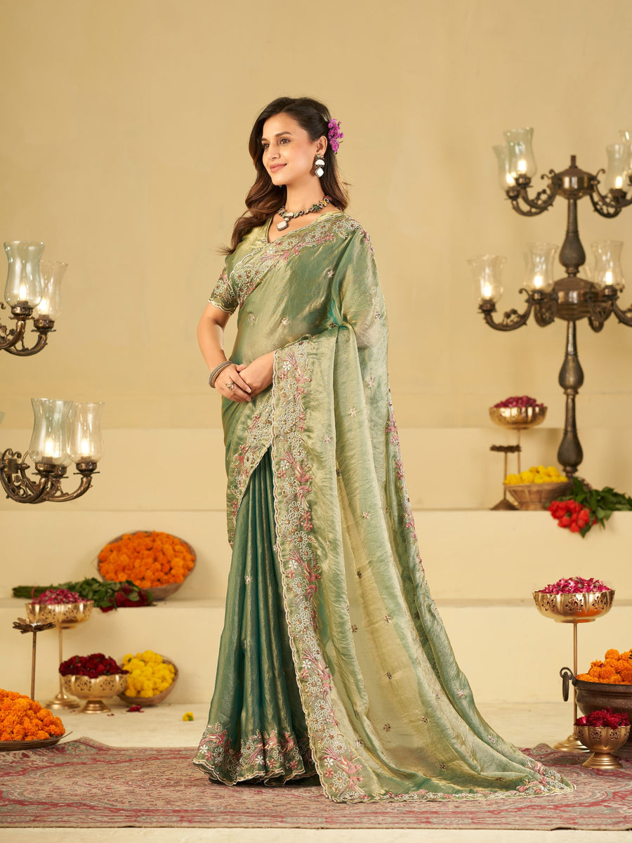 Sage Green Fendy Satin Saree with Floral Embroidery Border | Designer Party Wear Embroidered Saree with Blouse