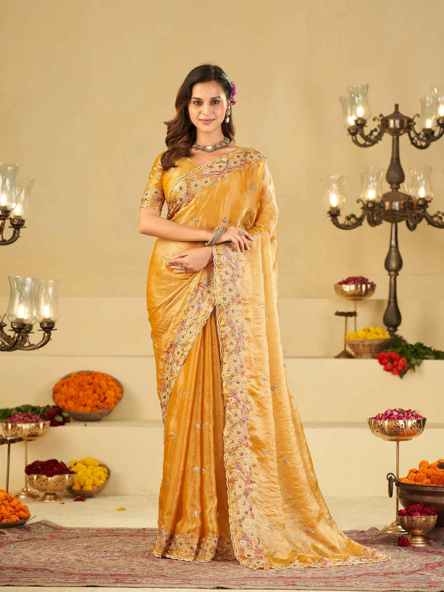 Mustard Yellow Fendy Satin Saree with Floral Embroidery Border | Designer Embroidered Party Wear Saree with Blouse