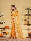 Mustard Yellow Fendy Satin Saree with Floral Embroidery Border | Designer Embroidered Party Wear Saree with Blouse