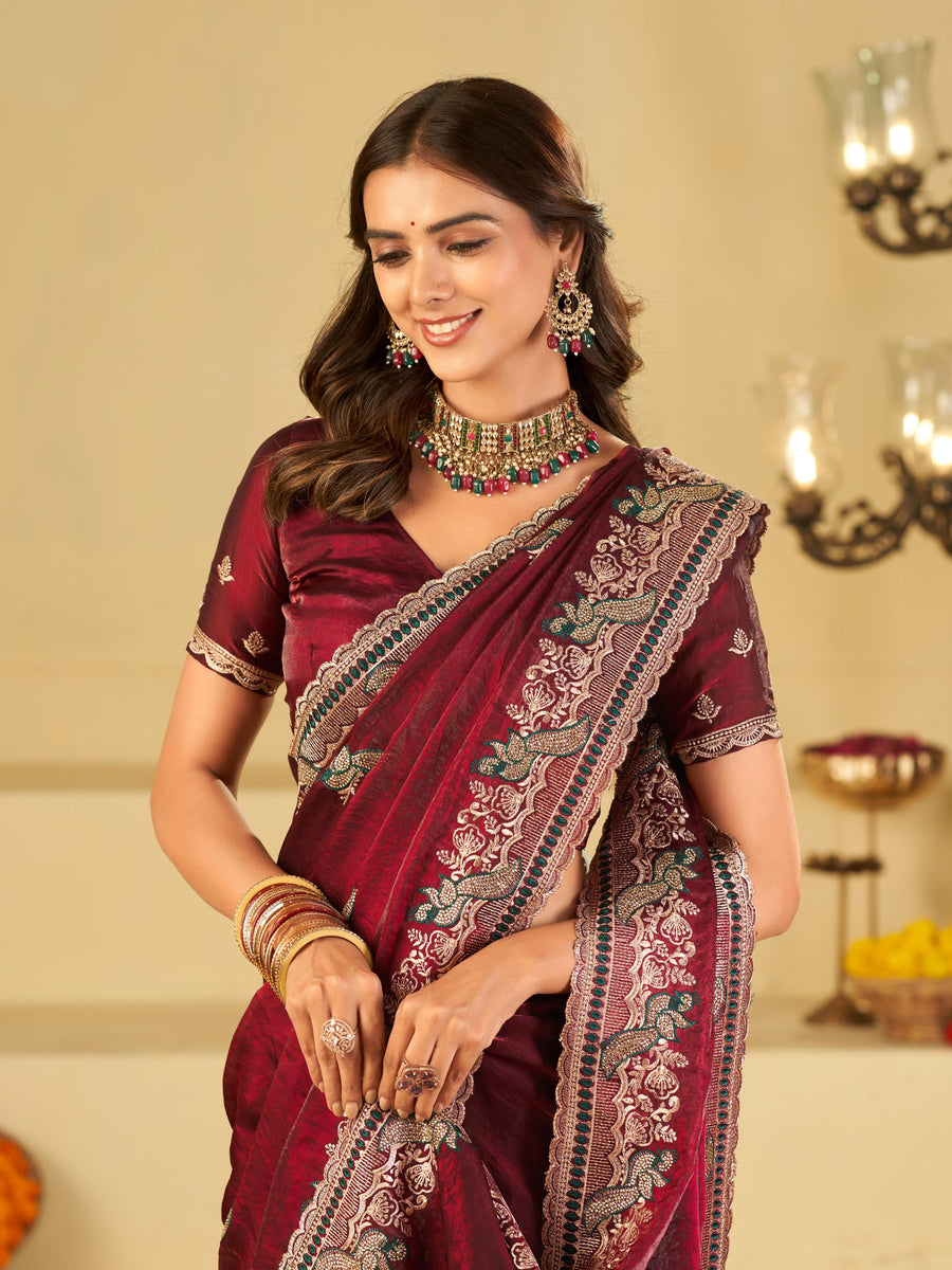 Wine Maroon Designer Fendy Satin Saree with Heavy Embroidered Border | Premium Festive Party Wear Saree with Embroidery & Matching Blouse