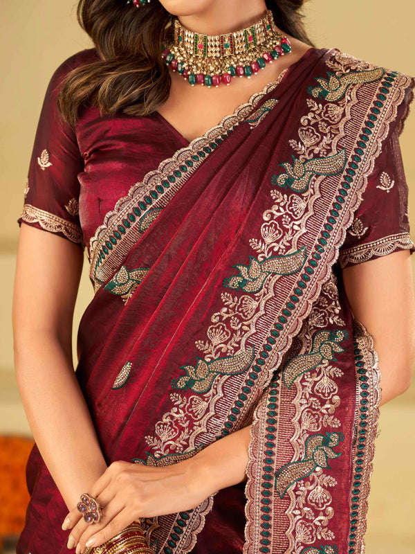 Wine Maroon Designer Fendy Satin Saree with Heavy Embroidered Border | Premium Festive Party Wear Saree with Embroidery & Matching Blouse