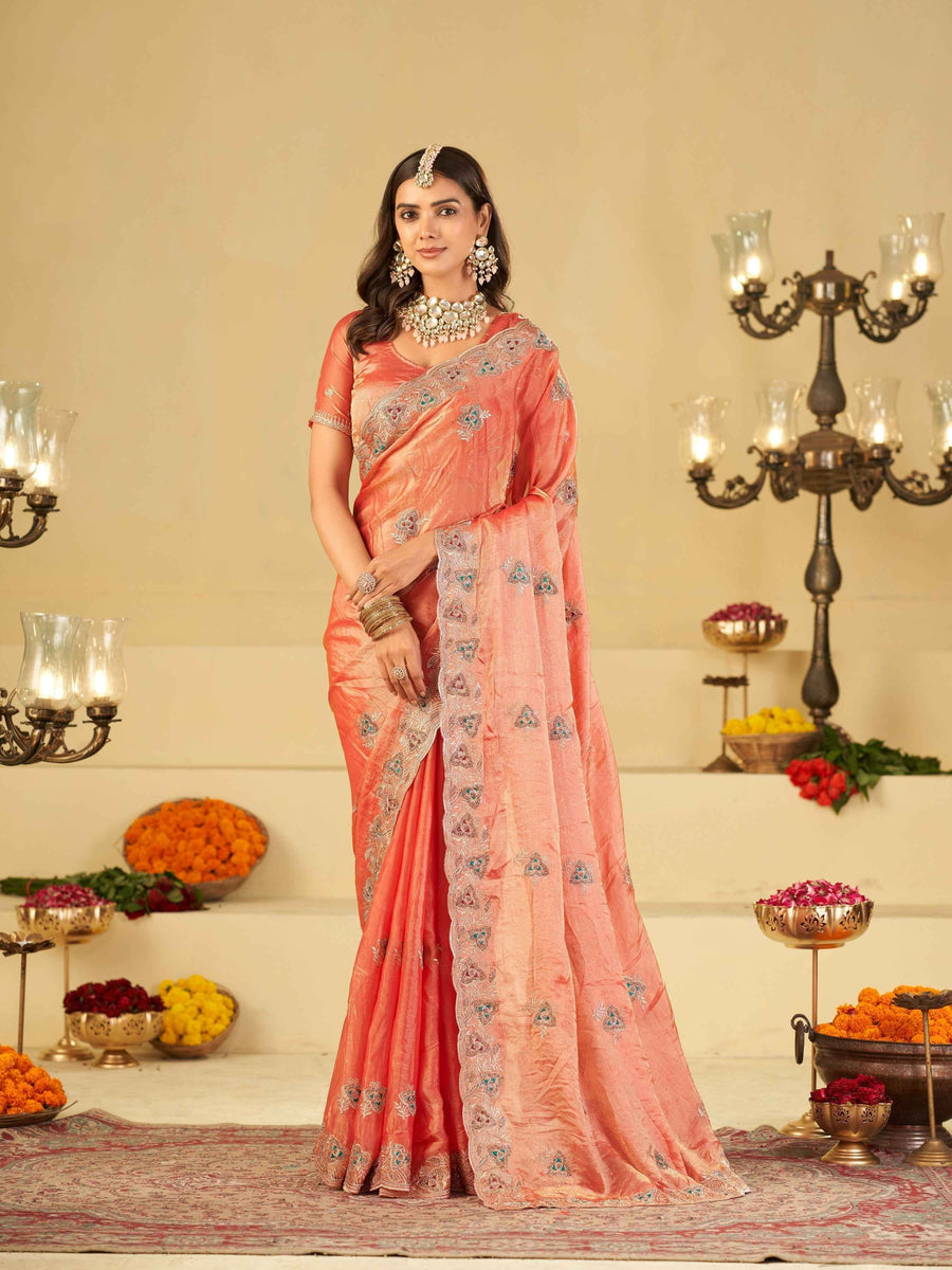 Peach Pink Designer Fendy Satin Saree with Heavy Embroidered Border | Party Wear Ethnic Saree with Intricate Embroidery & Matching Blouse