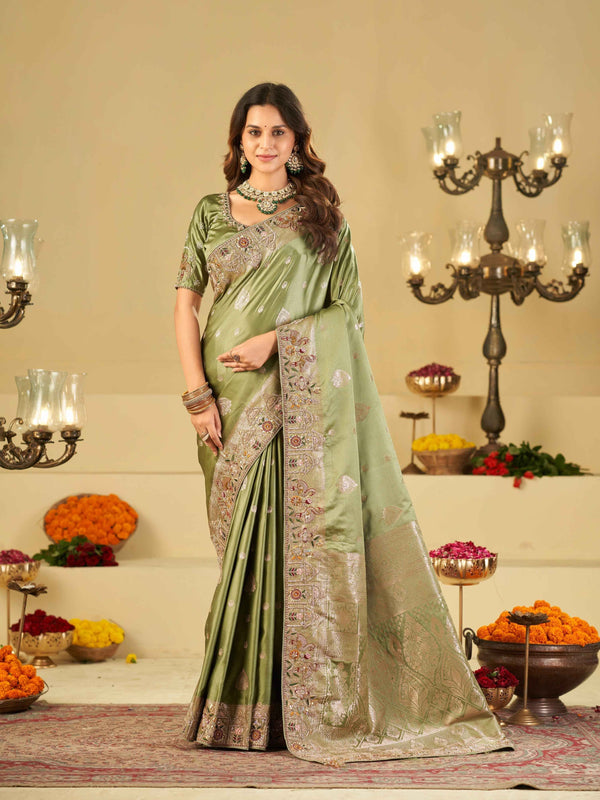 Pista Green Banarasi Silk Saree with Floral Embroidered Border & Rich Zari Weaving | Designer Festive Wedding Saree