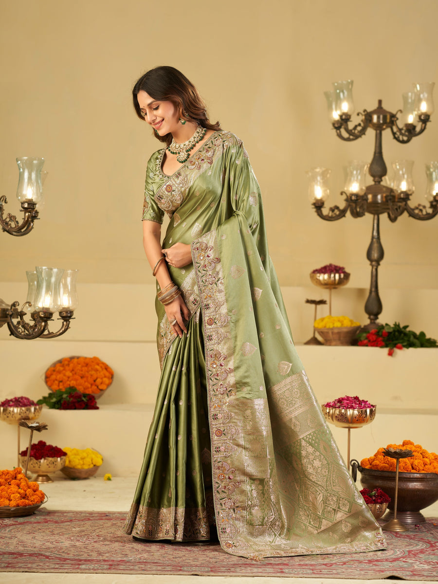 Pista Green Banarasi Silk Saree with Floral Embroidered Border & Rich Zari Weaving | Designer Festive Wedding Saree