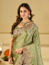 Pista Green Banarasi Silk Saree with Floral Embroidered Border & Rich Zari Weaving | Designer Festive Wedding Saree