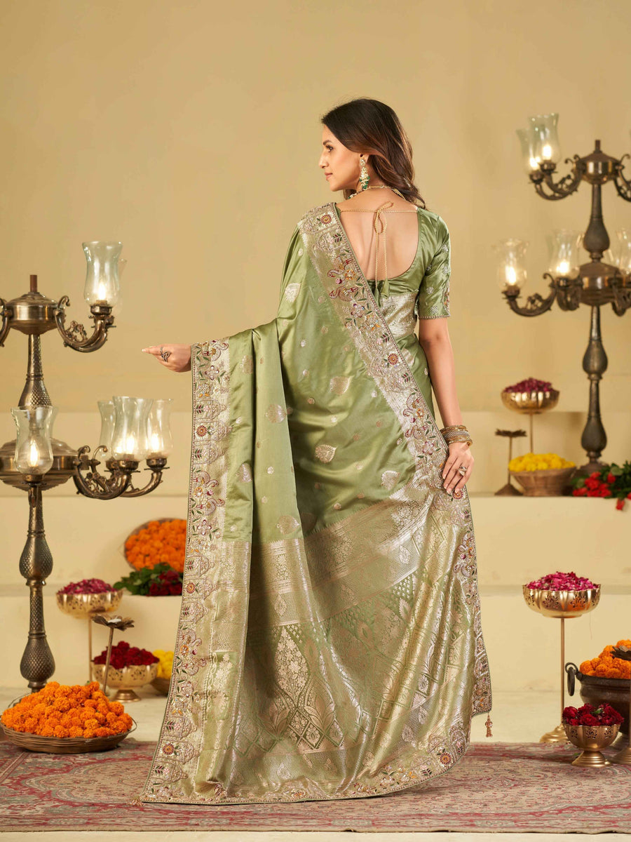 Pista Green Banarasi Silk Saree with Floral Embroidered Border & Rich Zari Weaving | Designer Festive Wedding Saree