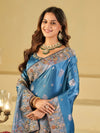 Royal Sky Blue Banarasi Silk Saree with Floral Embroidered Border & Rich Zari Woven Pallu | Designer Wedding Festive Saree