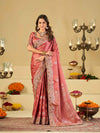 Rose Pink Banarasi Silk Saree with Floral Embroidered Border & Rich Zari Weaving | Designer Wedding Festive Saree
