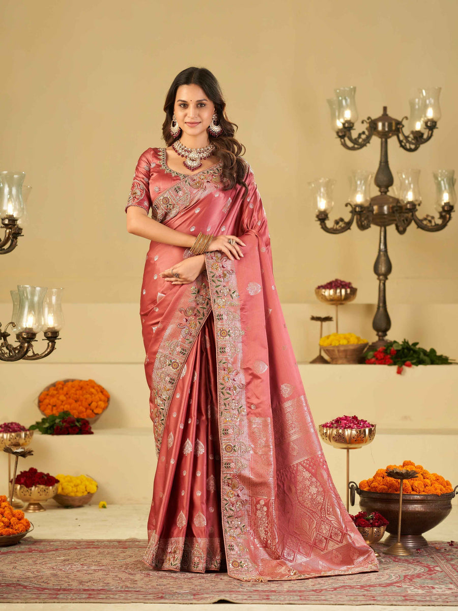 Rose Pink Banarasi Silk Saree with Floral Embroidered Border & Rich Zari Weaving | Designer Wedding Festive Saree