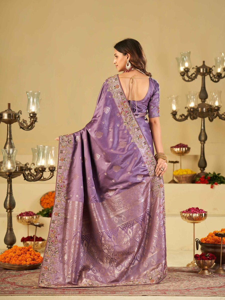 Lavender Banarasi Silk Saree with Floral Embroidered Border & Rich Zari Weaving | Designer Wedding Festive Saree