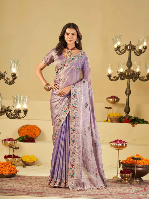 Lavender Purple Designer Fendy Satin Saree with Floral Embroidered Border & Thread Work | Premium Festive Party Wear Saree