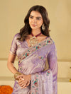 Lavender Purple Designer Fendy Satin Saree with Floral Embroidered Border & Thread Work | Premium Festive Party Wear Saree