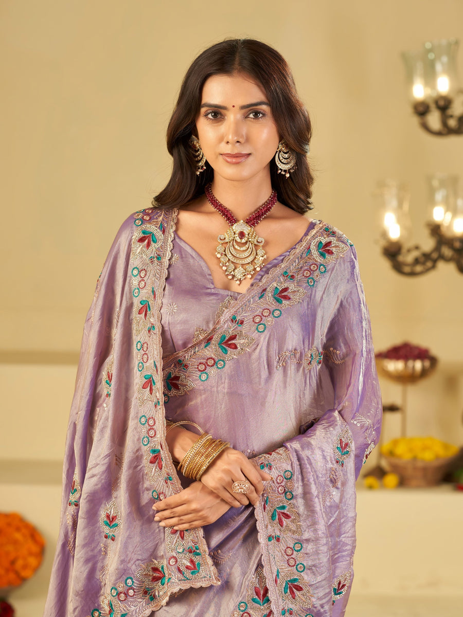 Lavender Purple Designer Fendy Satin Saree with Floral Embroidered Border & Thread Work | Premium Festive Party Wear Saree