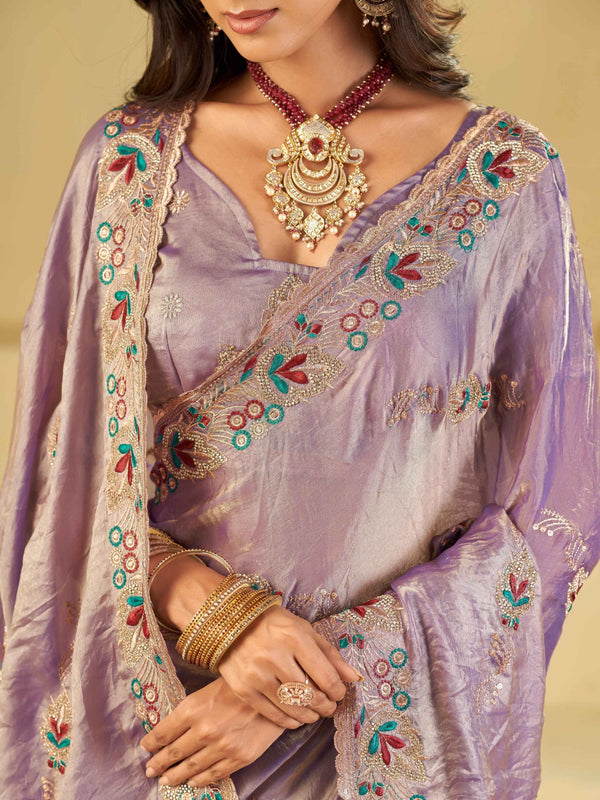 Lavender Purple Designer Fendy Satin Saree with Floral Embroidered Border & Thread Work | Premium Festive Party Wear Saree