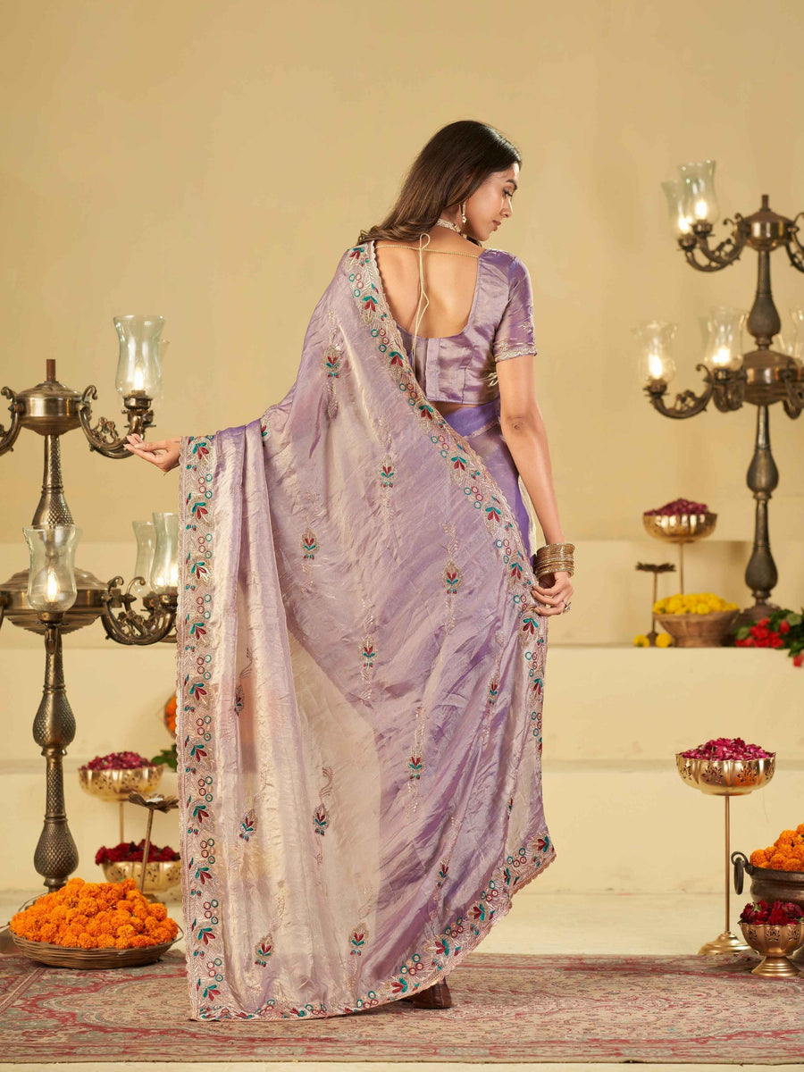 Lavender Purple Designer Fendy Satin Saree with Floral Embroidered Border & Thread Work | Premium Festive Party Wear Saree