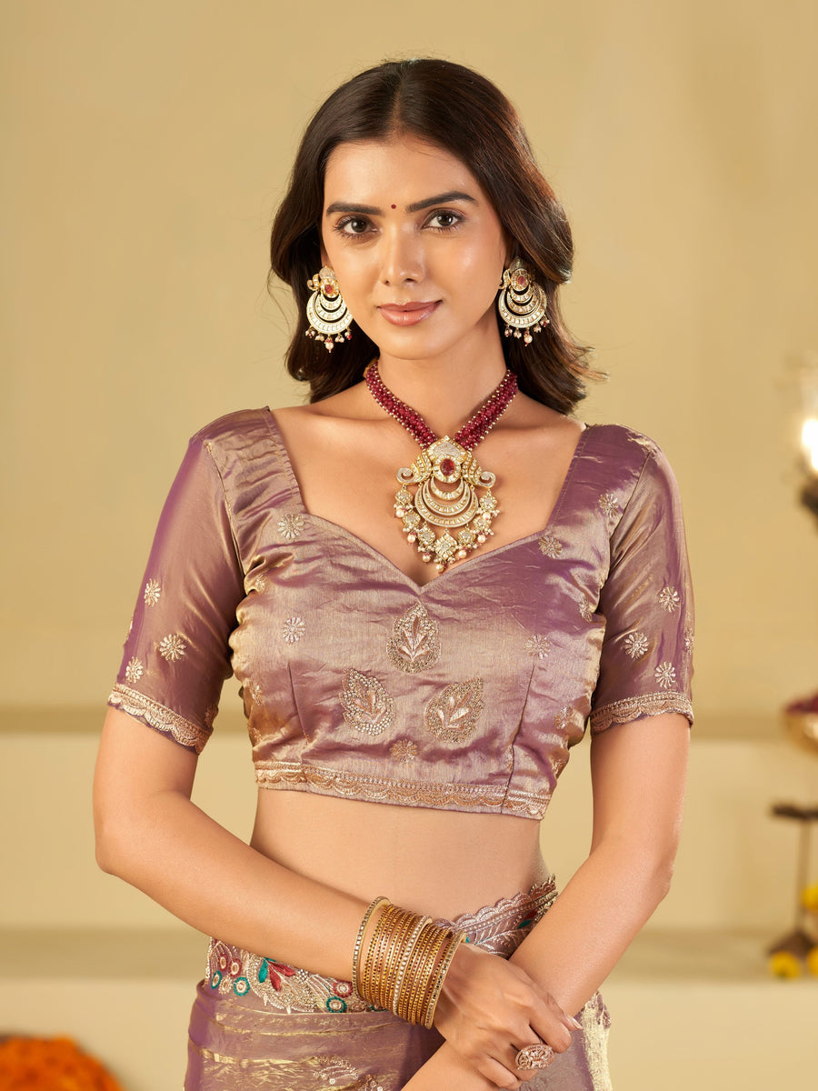 Lavender Designer Fendy Satin Saree with Multicolor Floral Embroidered Border & Thread Work | Premium Festive Party Wear Saree