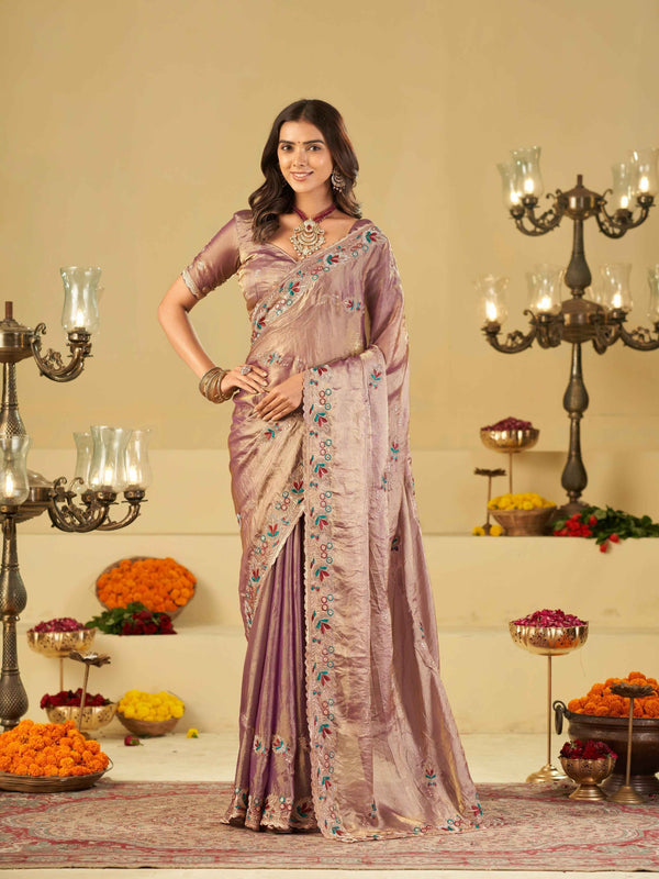 Lavender Designer Fendy Satin Saree with Multicolor Floral Embroidered Border & Thread Work | Premium Festive Party Wear Saree