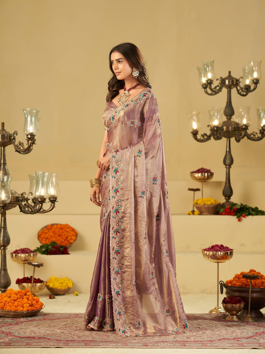 Lavender Designer Fendy Satin Saree with Multicolor Floral Embroidered Border & Thread Work | Premium Festive Party Wear Saree