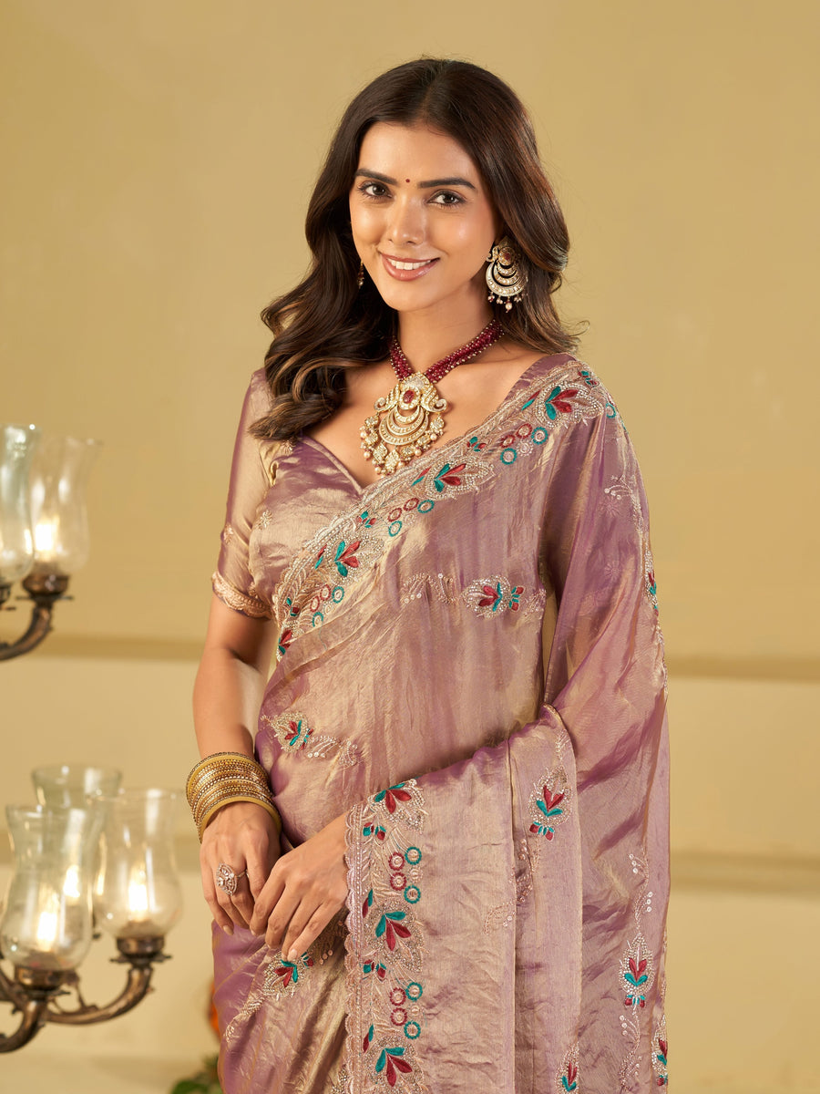 Lavender Designer Fendy Satin Saree with Multicolor Floral Embroidered Border & Thread Work | Premium Festive Party Wear Saree