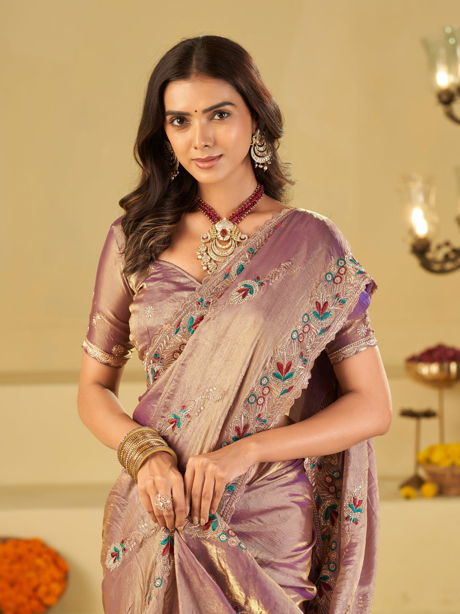Lavender Designer Fendy Satin Saree with Multicolor Floral Embroidered Border & Thread Work | Premium Festive Party Wear Saree