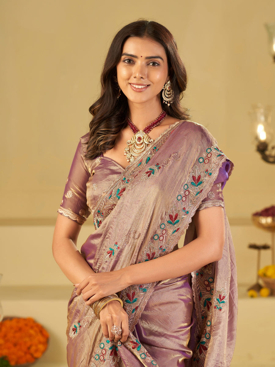Lavender Designer Fendy Satin Saree with Multicolor Floral Embroidered Border & Thread Work | Premium Festive Party Wear Saree