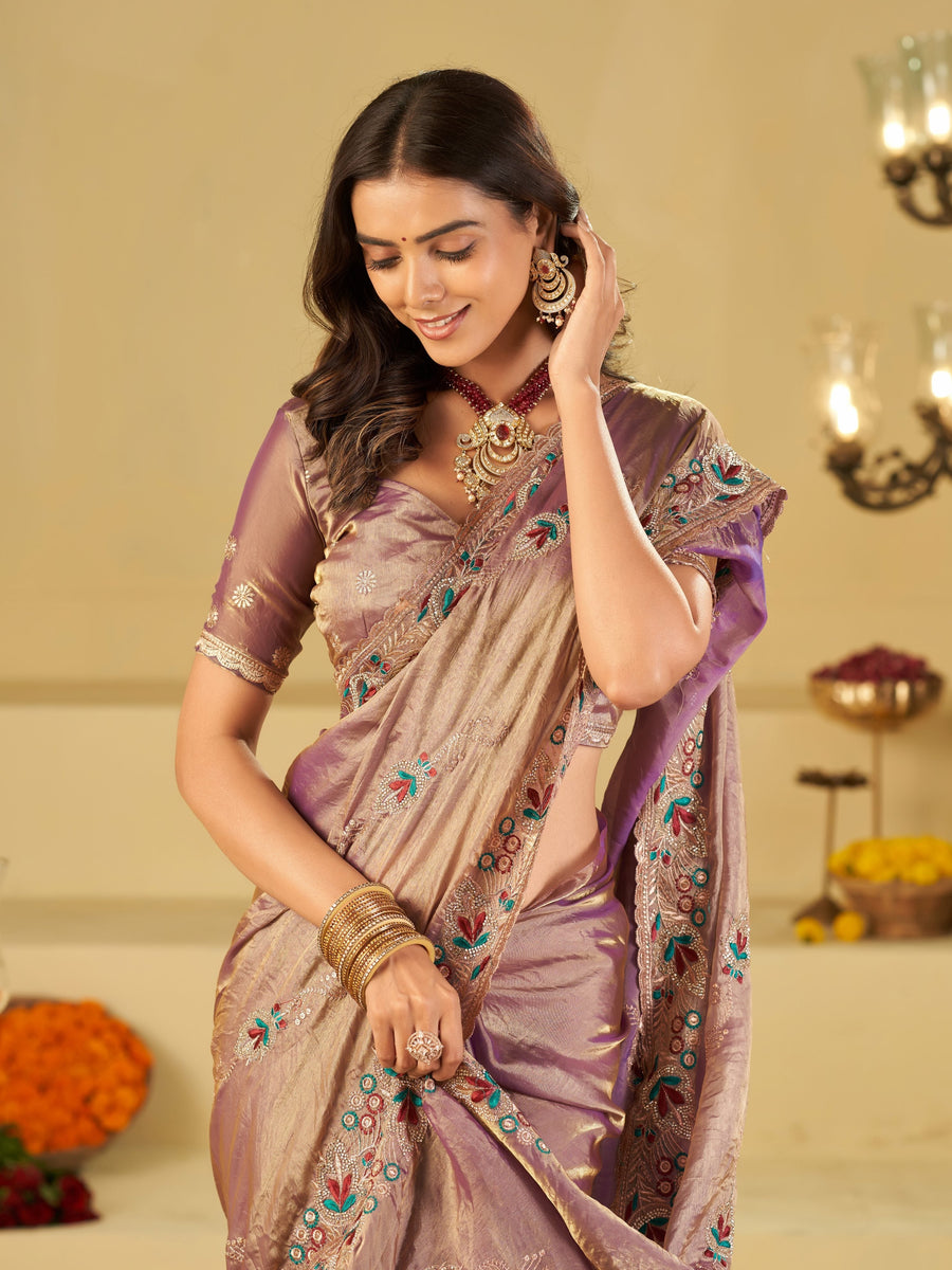 Lavender Designer Fendy Satin Saree with Multicolor Floral Embroidered Border & Thread Work | Premium Festive Party Wear Saree