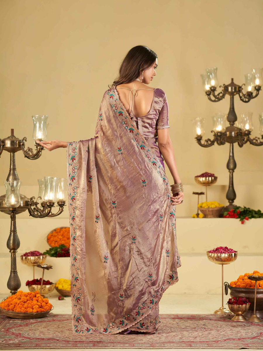 Lavender Designer Fendy Satin Saree with Multicolor Floral Embroidered Border & Thread Work | Premium Festive Party Wear Saree
