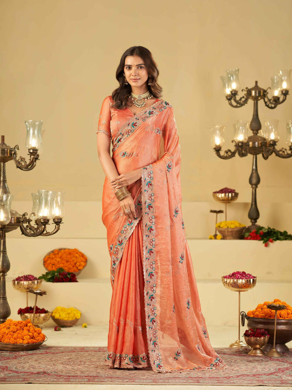 Peach Designer Fendy Satin Saree with Floral Embroidered Border & Thread Work | Premium Festive Party Wear Saree