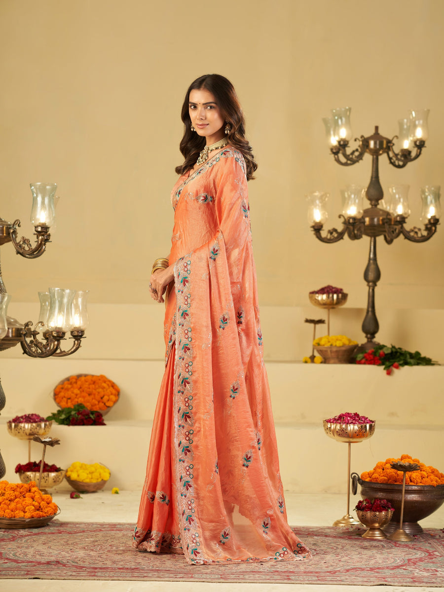 Peach Designer Fendy Satin Saree with Floral Embroidered Border & Thread Work | Premium Festive Party Wear Saree