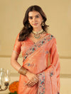 Peach Designer Fendy Satin Saree with Floral Embroidered Border & Thread Work | Premium Festive Party Wear Saree
