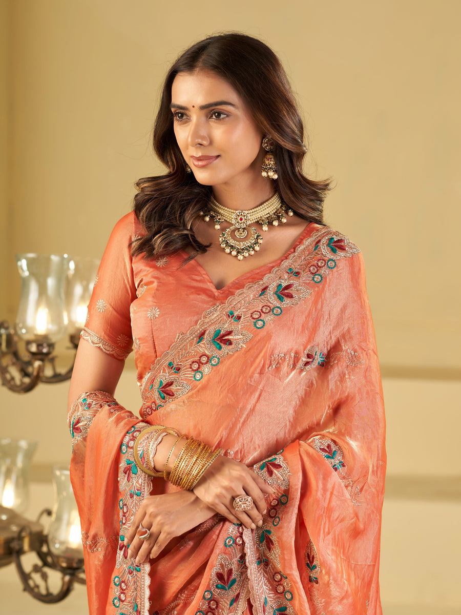Peach Designer Fendy Satin Saree with Floral Embroidered Border & Thread Work | Premium Festive Party Wear Saree