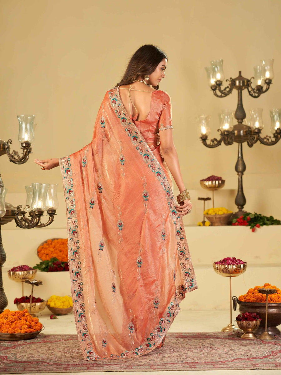 Peach Designer Fendy Satin Saree with Floral Embroidered Border & Thread Work | Premium Festive Party Wear Saree