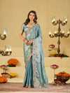 Sky Blue Designer Fendy Satin Saree with Floral Embroidered Border & Intricate Thread Work | Festive Party Wear Saree