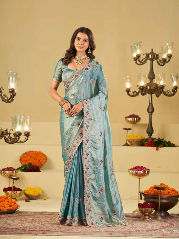 Sky Blue Designer Fendy Satin Saree with Floral Embroidered Border & Intricate Thread Work | Festive Party Wear Saree