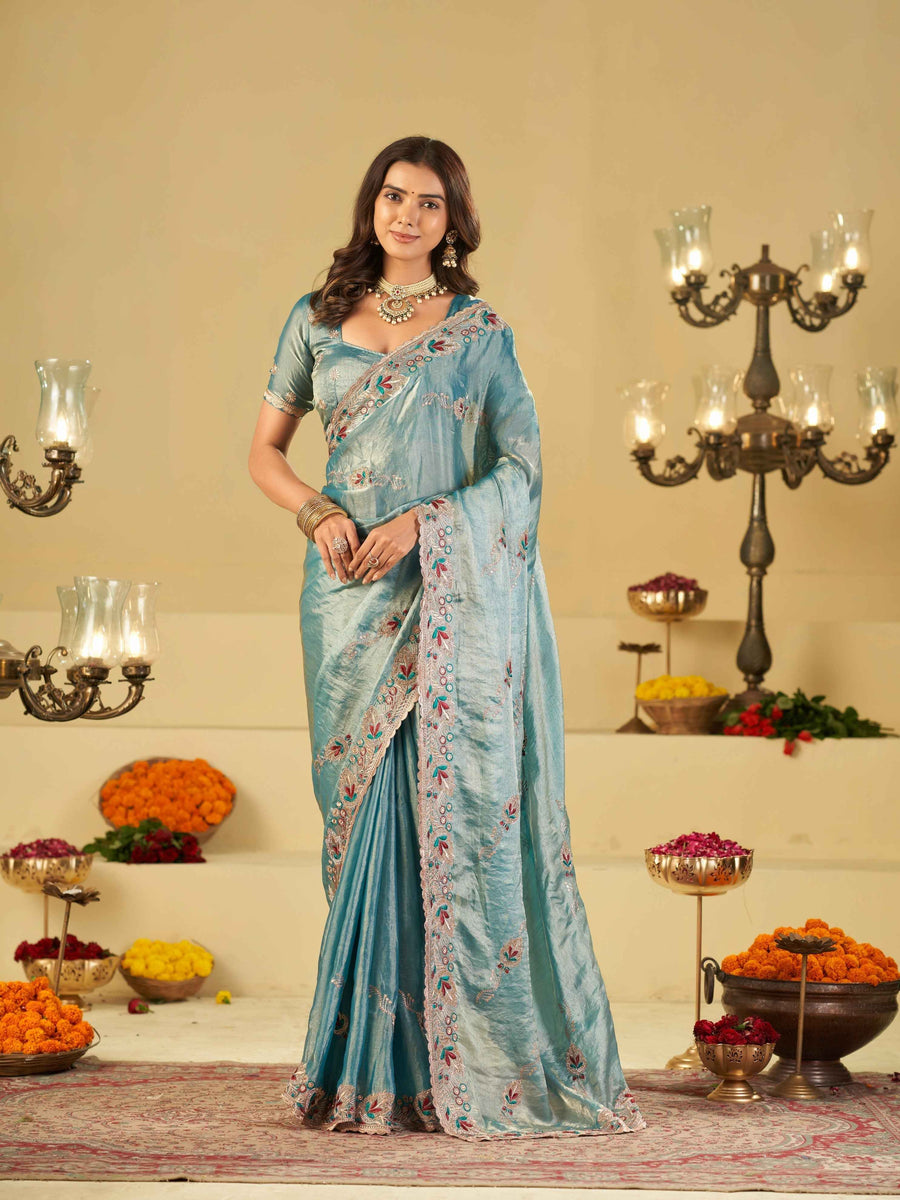 Sky Blue Designer Fendy Satin Saree with Floral Embroidered Border & Intricate Thread Work | Festive Party Wear Saree