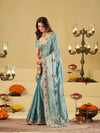 Sky Blue Designer Fendy Satin Saree with Floral Embroidered Border & Intricate Thread Work | Festive Party Wear Saree