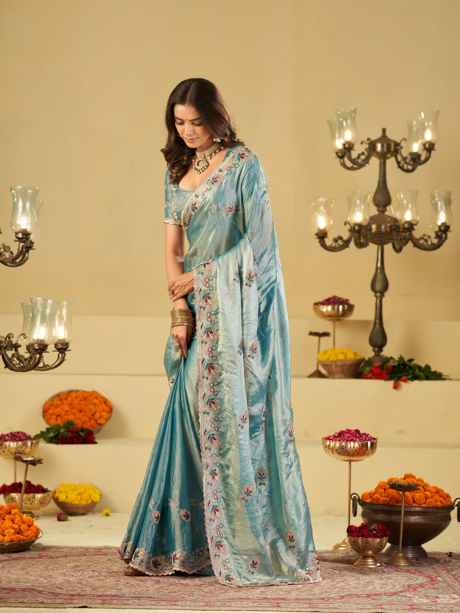 Sky Blue Designer Fendy Satin Saree with Floral Embroidered Border & Intricate Thread Work | Festive Party Wear Saree