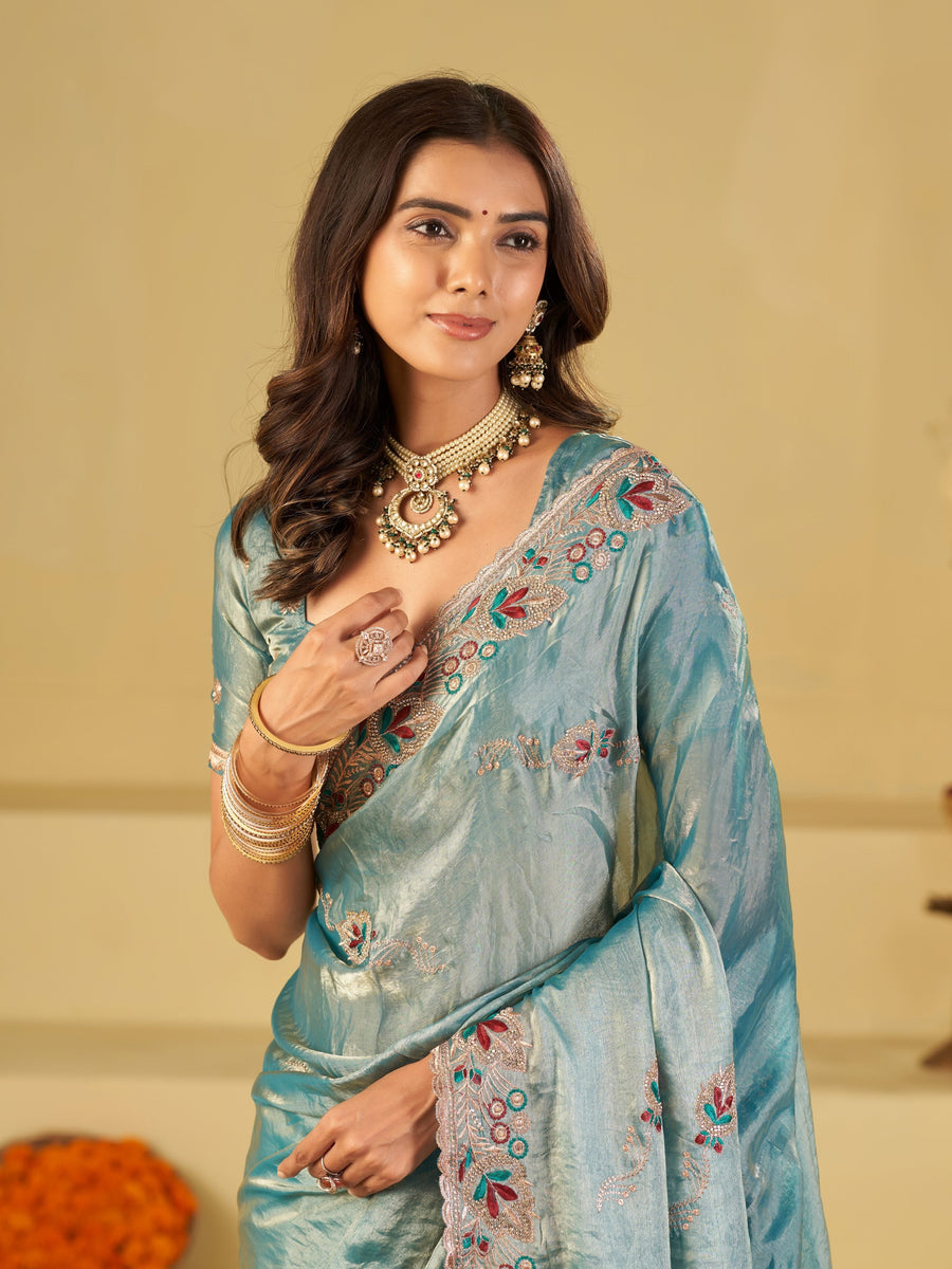 Sky Blue Designer Fendy Satin Saree with Floral Embroidered Border & Intricate Thread Work | Festive Party Wear Saree