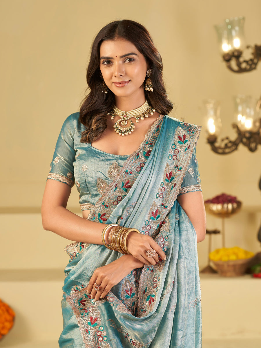Sky Blue Designer Fendy Satin Saree with Floral Embroidered Border & Intricate Thread Work | Festive Party Wear Saree
