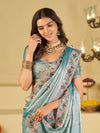 Sky Blue Designer Fendy Satin Saree with Floral Embroidered Border & Intricate Thread Work | Festive Party Wear Saree