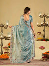 Sky Blue Designer Fendy Satin Saree with Floral Embroidered Border & Intricate Thread Work | Festive Party Wear Saree