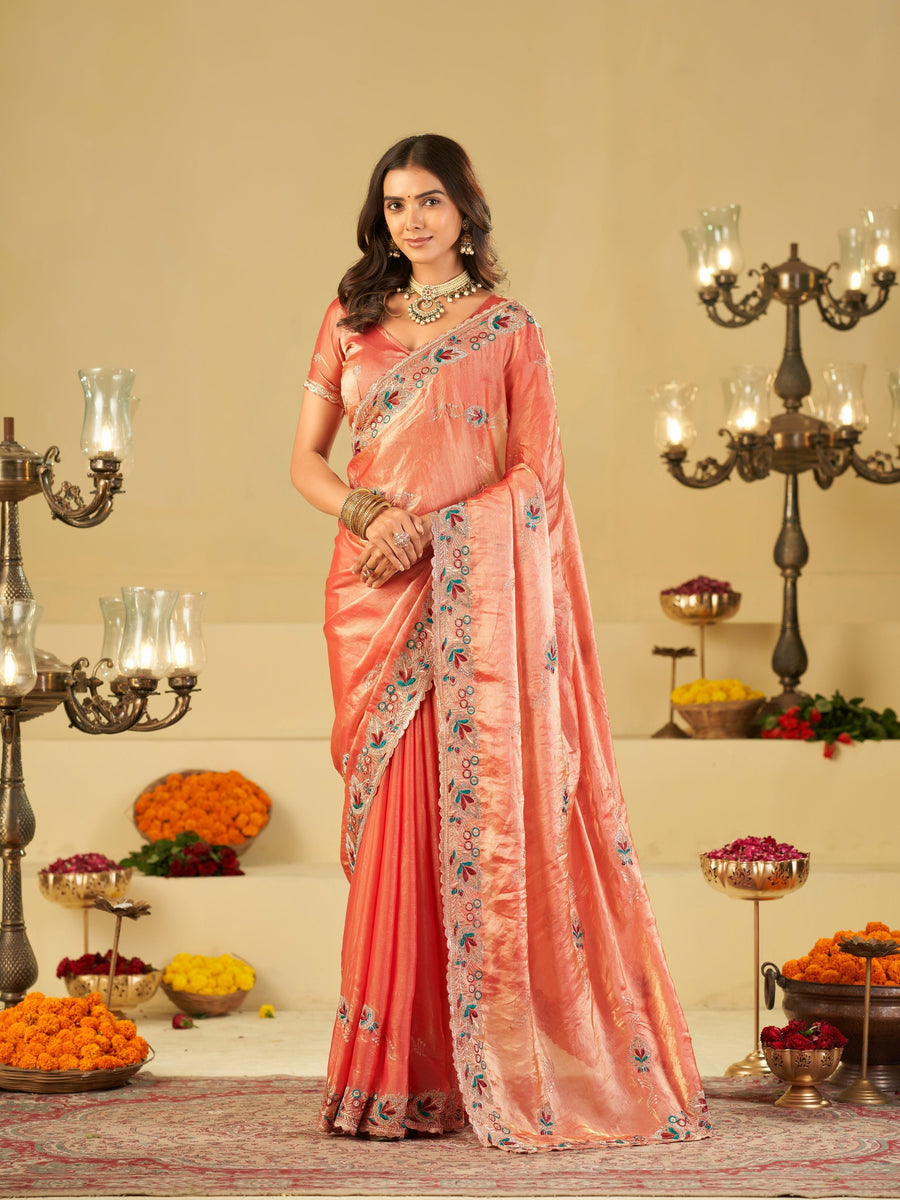 Coral Peach Designer Fendy Satin Saree with Floral Embroidered Border & Thread Work | Premium Festive Party Wear Saree
