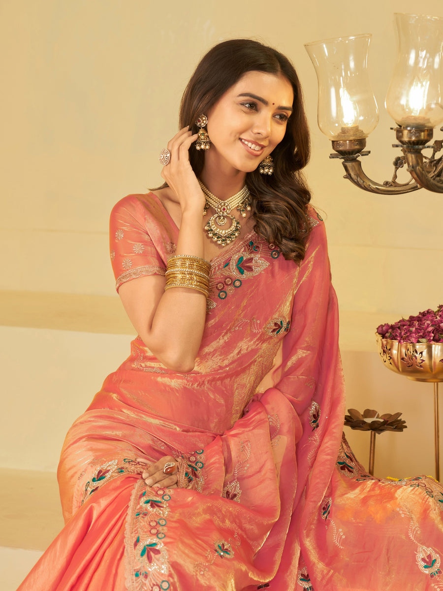 Coral Peach Designer Fendy Satin Saree with Floral Embroidered Border & Thread Work | Premium Festive Party Wear Saree