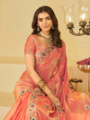 Coral Peach Designer Fendy Satin Saree with Floral Embroidered Border & Thread Work | Premium Festive Party Wear Saree